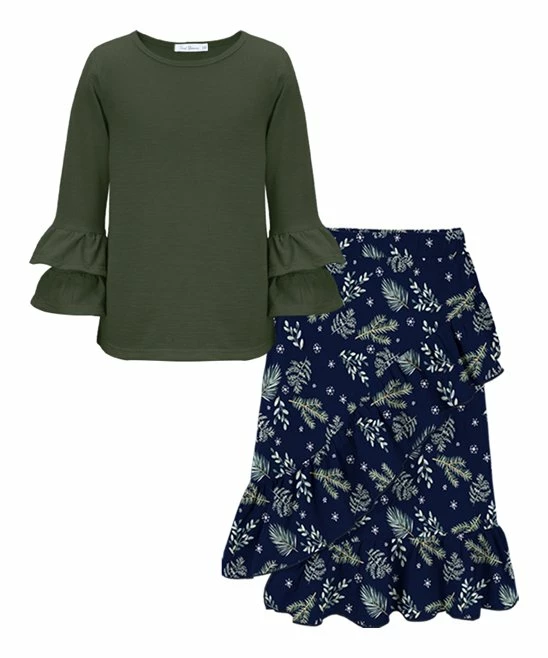 Buy 🎉 Trend Blossoms Dark Green Long-Sleeve Top & Navy Leaf Asymmetrical 👗 Skirt - 👧 Girls ✨ 3 Buy 🎉 Trend Blossoms Dark Green Long-Sleeve Top & Navy Leaf Asymmetrical 👗 Skirt - 👧 Girls ✨