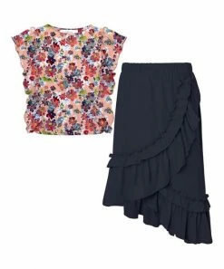 Coupon 🤩 Trend Blossoms Red Floral Angel-Sleeve Top & Dark Navy Ruffle Maxi 👗 Skirt - 👧 Girls 😍