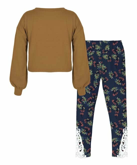 Best Sale ๐ Trend Blossoms Light Brown Bishop-Sleeve Top & Navy Floral Lace-Accent Pants - ๐ง Girls ๐ 4 Best Sale ๐ Trend Blossoms Light Brown Bishop-Sleeve Top & Navy Floral Lace-Accent Pants - ๐ง Girls ๐ - Image 2