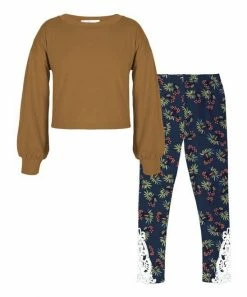 Best Sale 🎁 Trend Blossoms Light Brown Bishop-Sleeve Top & Navy Floral Lace-Accent Pants - 👧 Girls 👏