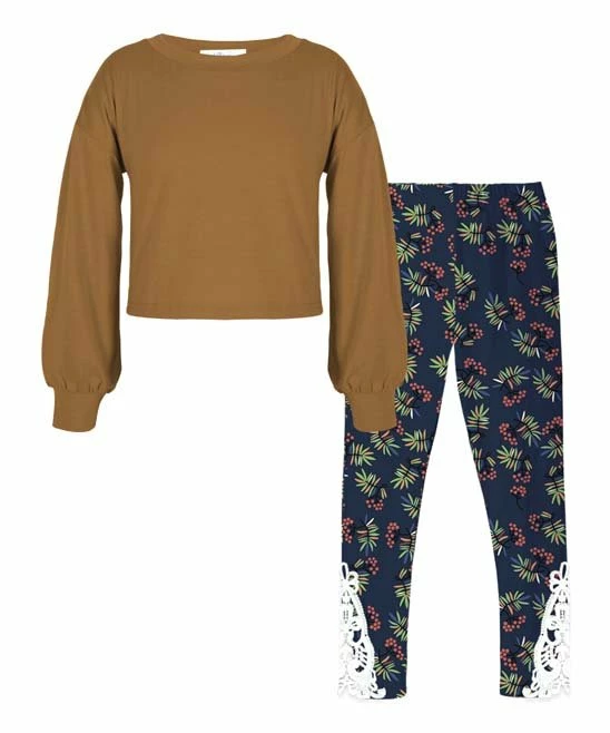 Best Sale ๐ Trend Blossoms Light Brown Bishop-Sleeve Top & Navy Floral Lace-Accent Pants - ๐ง Girls ๐ 3 Best Sale ๐ Trend Blossoms Light Brown Bishop-Sleeve Top & Navy Floral Lace-Accent Pants - ๐ง Girls ๐
