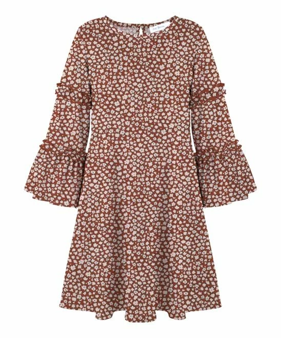 Buy 🌟 Trend Blossoms Brick Red Floral Ruffle-Sleeve A-Line 👗 Dress - 👧 Girls 😀 3 Buy 🌟 Trend Blossoms Brick Red Floral Ruffle-Sleeve A-Line 👗 Dress - 👧 Girls 😀
