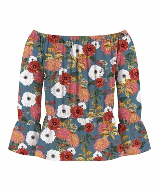 Coupon 🌟 Trend Blossoms Dusty Blue & Pink Floral Tie-Waist Off-Shoulder Top - 👧 Girls 🔥 4 Coupon 🌟 Trend Blossoms Dusty Blue & Pink Floral Tie-Waist Off-Shoulder Top - 👧 Girls 🔥 - Image 2