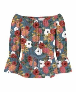 Coupon 🌟 Trend Blossoms Dusty Blue & Pink Floral Tie-Waist Off-Shoulder Top - 👧 Girls 🔥