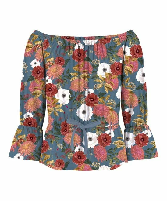 Coupon 🌟 Trend Blossoms Dusty Blue & Pink Floral Tie-Waist Off-Shoulder Top - 👧 Girls 🔥 3 Coupon 🌟 Trend Blossoms Dusty Blue & Pink Floral Tie-Waist Off-Shoulder Top - 👧 Girls 🔥