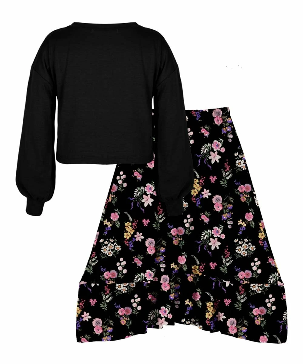 Cheap ๐ Trend Blossoms Black Crewneck Top & Floral Hi-Low ๐ Skirt - ๐ง Girls โญ 4 Cheap ๐ Trend Blossoms Black Crewneck Top & Floral Hi-Low ๐ Skirt - ๐ง Girls โญ - Image 2