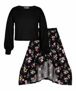 Cheap 😉 Trend Blossoms Black Crewneck Top & Floral Hi-Low 👗 Skirt - 👧 Girls ⭐