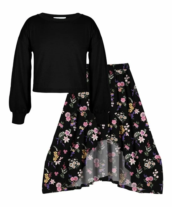 Cheap ๐ Trend Blossoms Black Crewneck Top & Floral Hi-Low ๐ Skirt - ๐ง Girls โญ 3 Cheap ๐ Trend Blossoms Black Crewneck Top & Floral Hi-Low ๐ Skirt - ๐ง Girls โญ