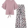 Best deal 😀 Trend Blossoms Dusty Pink Knot-Hem Tiered Bell-Sleeve Top & Floral Wide-Leg Pants - 👧 Girls ✔️