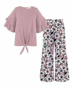 Best deal 😀 Trend Blossoms Dusty Pink Knot-Hem Tiered Bell-Sleeve Top & Floral Wide-Leg Pants - 👧 Girls ✔️