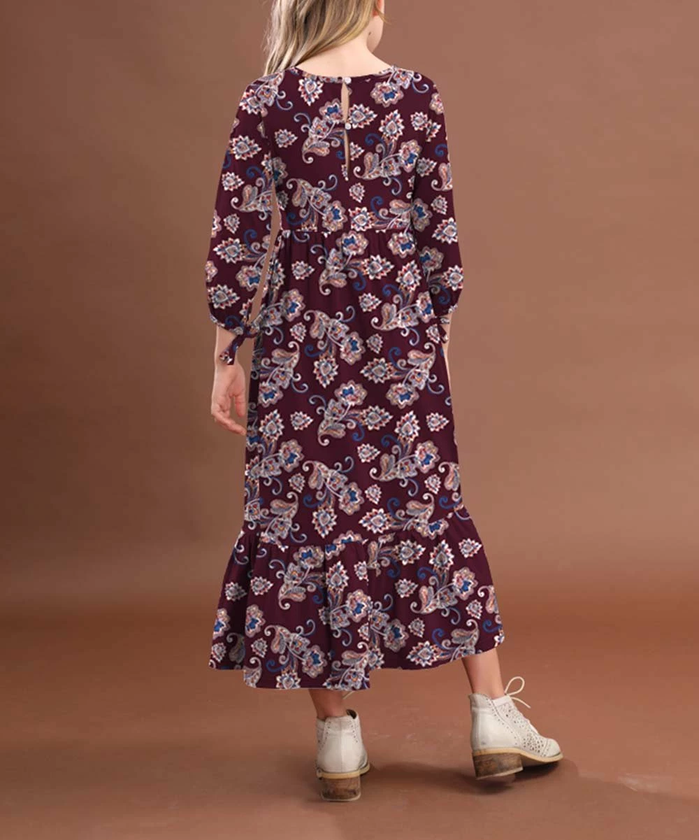 Budget ๐ Trend Blossoms Wine Berry Floral Paisley Ruffle-Hem Maxi ๐ Dress - ๐ง Girls ๐ 5 Budget ๐ Trend Blossoms Wine Berry Floral Paisley Ruffle-Hem Maxi ๐ Dress - ๐ง Girls ๐ - Image 3