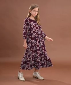 Budget 👍 Trend Blossoms Wine Berry Floral Paisley Ruffle-Hem Maxi 👗 Dress - 👧 Girls 🛒