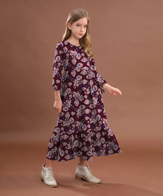 Budget ๐ Trend Blossoms Wine Berry Floral Paisley Ruffle-Hem Maxi ๐ Dress - ๐ง Girls ๐ 3 Budget ๐ Trend Blossoms Wine Berry Floral Paisley Ruffle-Hem Maxi ๐ Dress - ๐ง Girls ๐