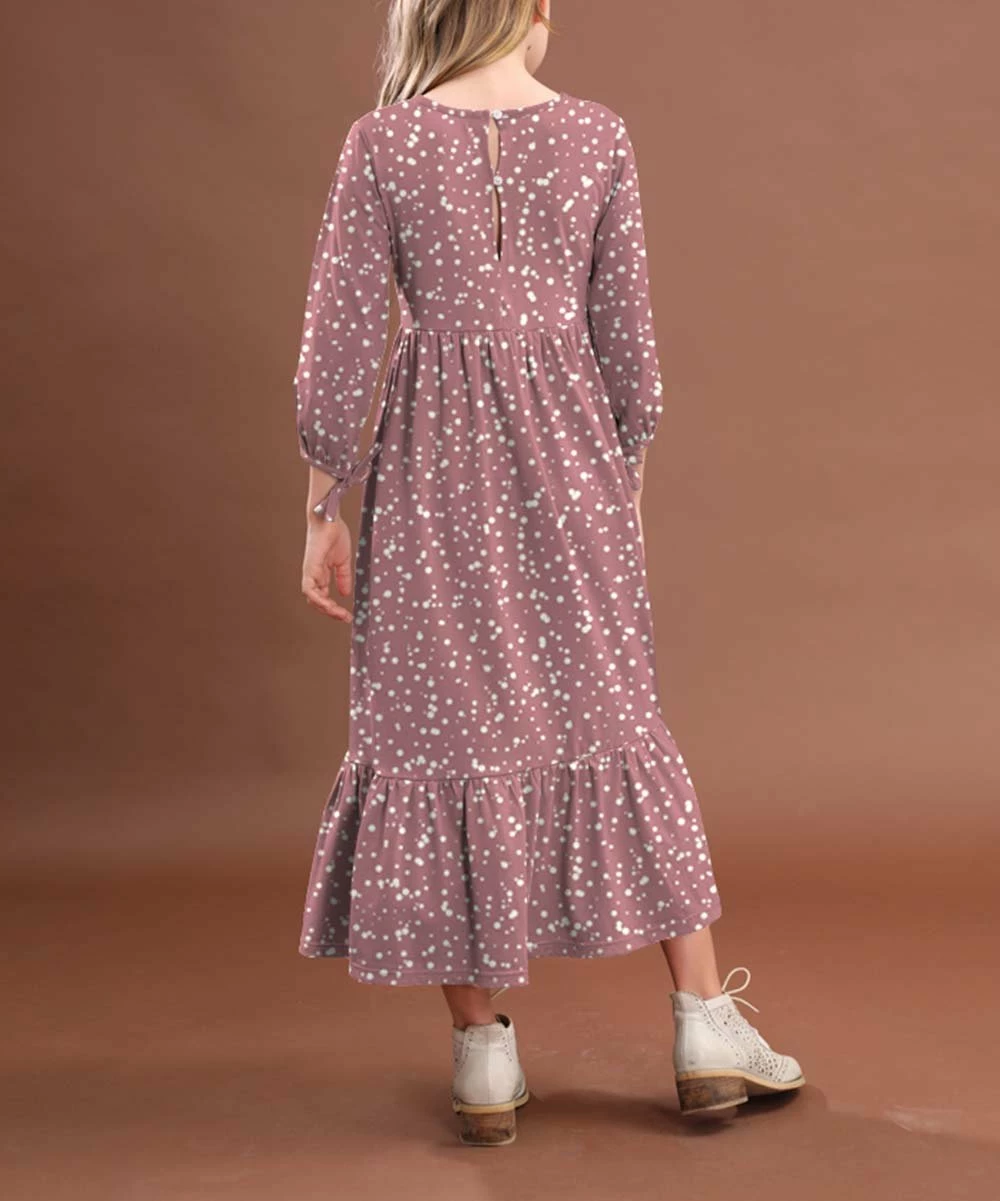 Flash Sale 🎁 Trend Blossoms Dusty Pink Dot Ruffle-Hem Maxi 👗 Dress - 👧 Girls ✔️ 4 Flash Sale 🎁 Trend Blossoms Dusty Pink Dot Ruffle-Hem Maxi 👗 Dress - 👧 Girls ✔️ - Image 2