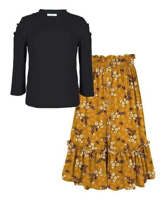 Coupon ๐ Trend Blossoms Black Puff-Sleeve Top & Mustard Floral Button-Front Maxi ๐ Skirt - ๐ง Girls ๐คฉ 3 Coupon ๐ Trend Blossoms Black Puff-Sleeve Top & Mustard Floral Button-Front Maxi ๐ Skirt - ๐ง Girls ๐คฉ
