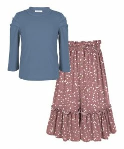 Flash Sale ❤️ Trend Blossoms Dusty Blue Puff-Sleeve Top & Dusty Pink Dot Maxi 👗 Skirt - 👧 Girls 👏