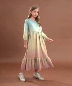 Hot Sale 🎁 Trend Blossoms Light Turquoise & Peach Ombré Ruffle-Hem Maxi 👗 Dress - 👧 Girls 🤩
