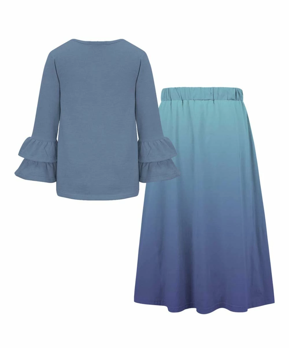 Deals ๐ Trend Blossoms Dusty Blue Ruffle Long-Sleeve Top & Ombrรฉ Bow-Accent Maxi ๐ Skirt - ๐ง Girls ๐ฏ 4 Deals ๐ Trend Blossoms Dusty Blue Ruffle Long-Sleeve Top & Ombrรฉ Bow-Accent Maxi ๐ Skirt - ๐ง Girls ๐ฏ - Image 2