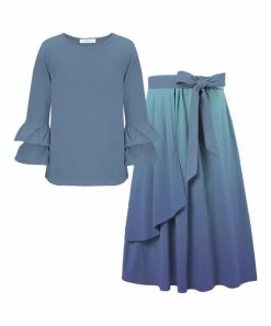 Deals 😀 Trend Blossoms Dusty Blue Ruffle Long-Sleeve Top & Ombré Bow-Accent Maxi 👗 Skirt - 👧 Girls 💯