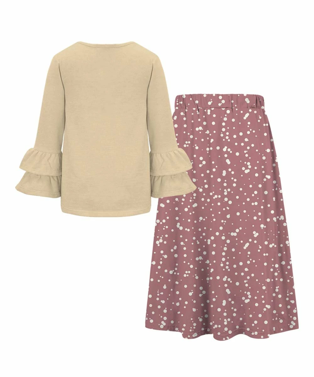 Best deal ✔️ Trend Blossoms Cream Ruffle Long-Sleeve Top & Dusty Pink Dot Maxi 👗 Skirt - 👧 Girls 👍 3 Best deal ✔️ Trend Blossoms Cream Ruffle Long-Sleeve Top & Dusty Pink Dot Maxi 👗 Skirt - 👧 Girls 👍 - Image 2
