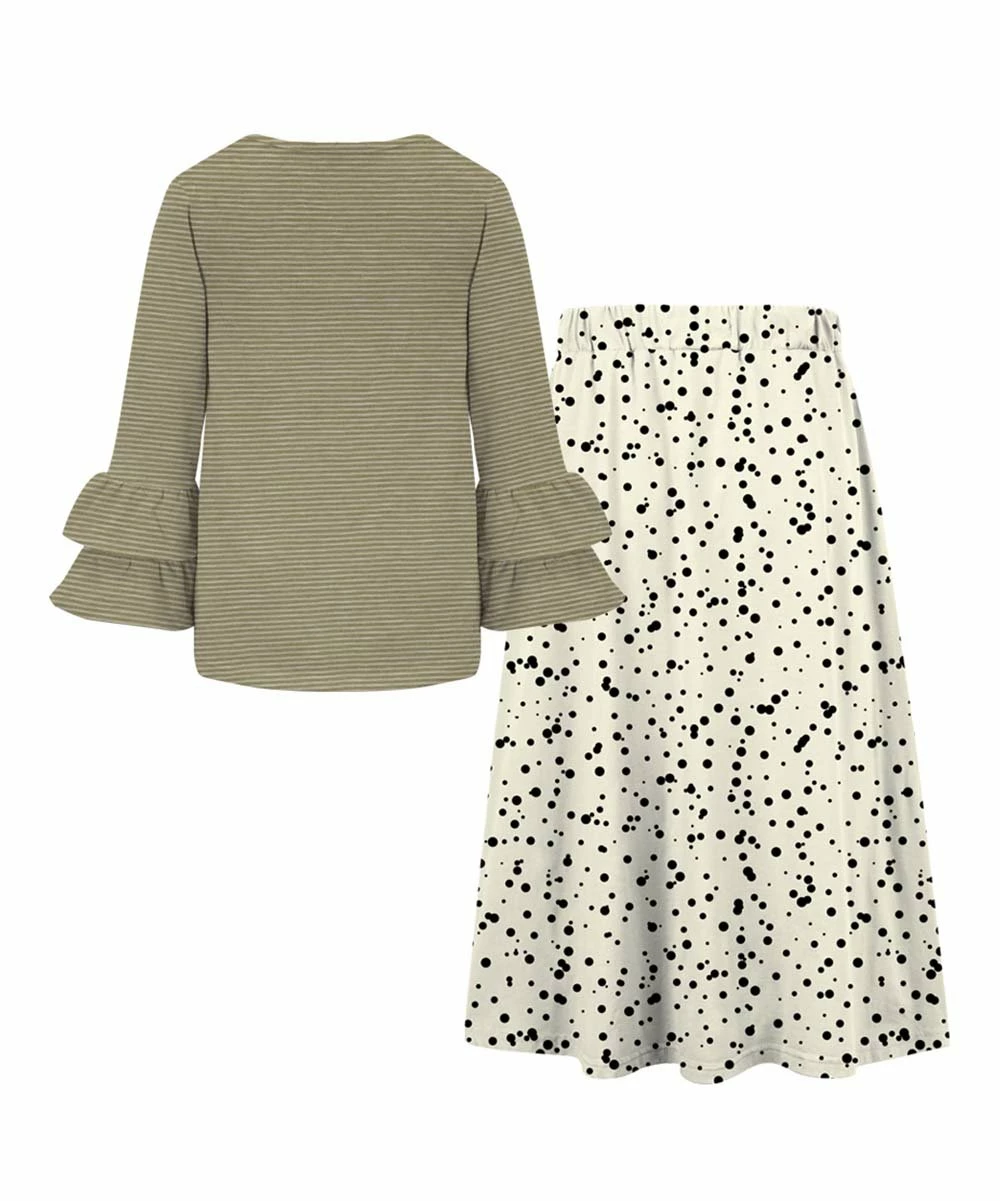 Promo ๐ Trend Blossoms Sage Green Stripe Ruffle Long-Sleeve Top & Cream Dot Bow-Accent Maxi ๐ Skirt - ๐ง Girls ๐คฉ 4 Promo ๐ Trend Blossoms Sage Green Stripe Ruffle Long-Sleeve Top & Cream Dot Bow-Accent Maxi ๐ Skirt - ๐ง Girls ๐คฉ - Image 2