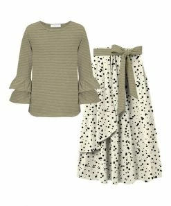 Promo ๐ Trend Blossoms Sage Green Stripe Ruffle Long-Sleeve Top & Cream Dot Bow-Accent Maxi ๐ Skirt - ๐ง Girls ๐คฉ