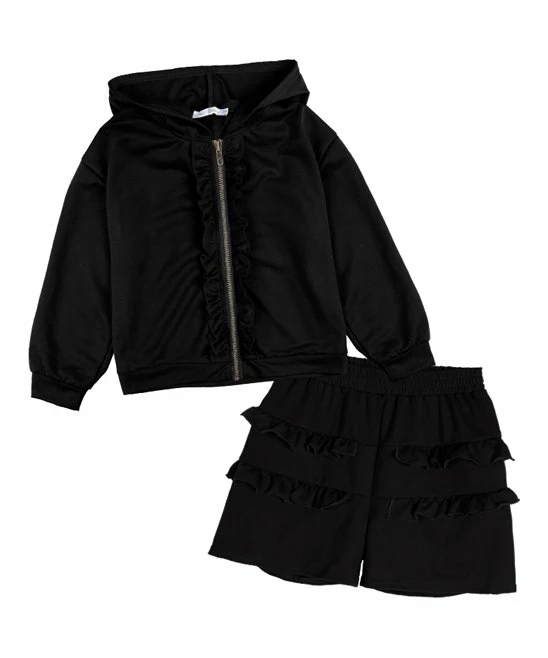 Coupon ❤️ Trend Blossoms Black Ruffle-Accent Zip-Up Hoodie & Shorts - 👧 Girls 🥰 6 Coupon ❤️ Trend Blossoms Black Ruffle-Accent Zip-Up Hoodie & Shorts - 👧 Girls 🥰 - Image 4