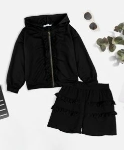 Coupon ❤️ Trend Blossoms Black Ruffle-Accent Zip-Up Hoodie & Shorts - 👧 Girls 🥰