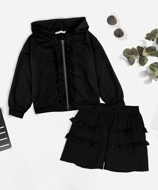Coupon ❤️ Trend Blossoms Black Ruffle-Accent Zip-Up Hoodie & Shorts - 👧 Girls 🥰 3 Coupon ❤️ Trend Blossoms Black Ruffle-Accent Zip-Up Hoodie & Shorts - 👧 Girls 🥰