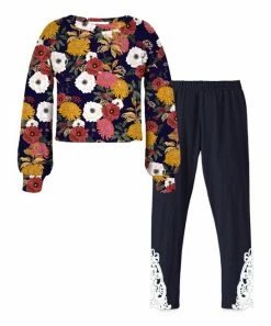 Buy 🤩 Trend Blossoms Navy Floral Puff-Sleeve Top & Black Lace-Accent Leggings - 👧 Girls ⭐