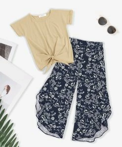 Cheapest ⌛ Trend Blossoms Cream Knot-Front Top & Navy Floral Wide-Leg Pants - 👧 Girls ✨