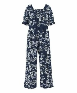 Coupon 🔔 Trend Blossoms Navy Floral Puff-Sleeve Tie-Waist Jumpsuit - 👧 Girls 🎉