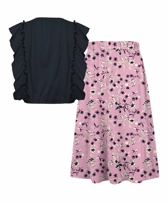 Promo ⭐ Trend Blossoms Dark Navy Angel-Sleeve Top & Dusty Pink Floral Bow Maxi 👗 Skirt - 👧 Girls 👏 4 Promo ⭐ Trend Blossoms Dark Navy Angel-Sleeve Top & Dusty Pink Floral Bow Maxi 👗 Skirt - 👧 Girls 👏 - Image 2