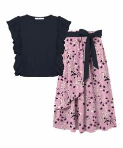 Promo ⭐ Trend Blossoms Dark Navy Angel-Sleeve Top & Dusty Pink Floral Bow Maxi 👗 Skirt - 👧 Girls 👏