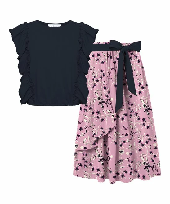 Promo ⭐ Trend Blossoms Dark Navy Angel-Sleeve Top & Dusty Pink Floral Bow Maxi 👗 Skirt - 👧 Girls 👏 3 Promo ⭐ Trend Blossoms Dark Navy Angel-Sleeve Top & Dusty Pink Floral Bow Maxi 👗 Skirt - 👧 Girls 👏
