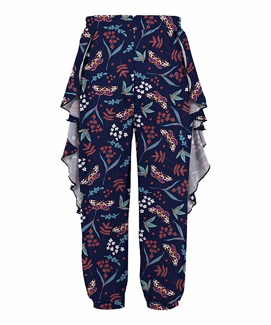 Outlet 👏 Trend Blossoms Navy & Pink Floral Ruffle-Accent Bow-Belt Joggers - 👧 Girls 🔔 4 Outlet 👏 Trend Blossoms Navy & Pink Floral Ruffle-Accent Bow-Belt Joggers - 👧 Girls 🔔 - Image 2