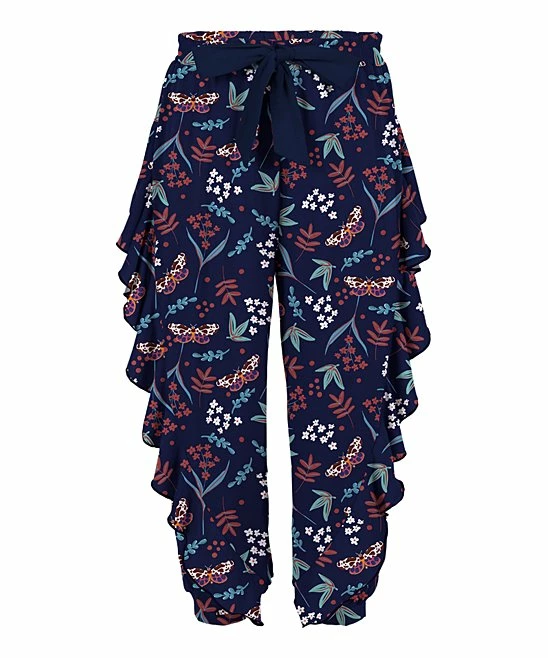 Outlet 👏 Trend Blossoms Navy & Pink Floral Ruffle-Accent Bow-Belt Joggers - 👧 Girls 🔔 3 Outlet 👏 Trend Blossoms Navy & Pink Floral Ruffle-Accent Bow-Belt Joggers - 👧 Girls 🔔