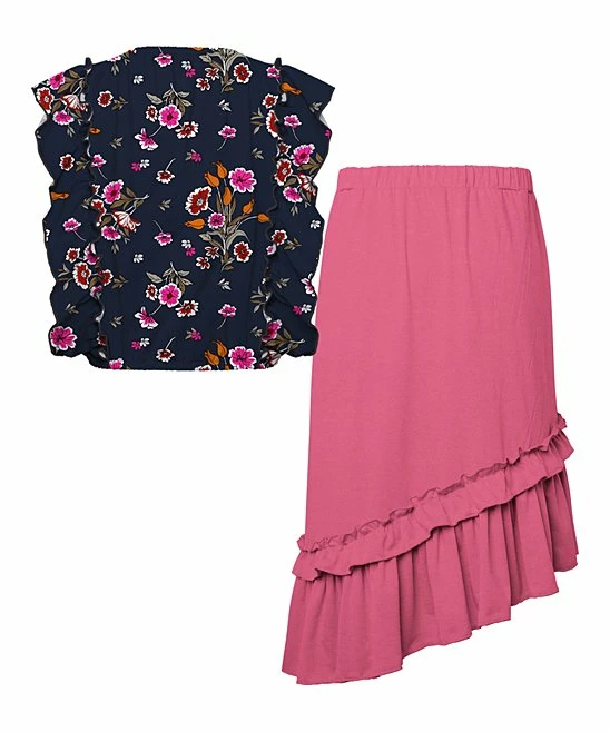 New โค๏ธ Trend Blossoms Navy Floral Angel-Sleeve Top & Pink Ruffle Asymmetric ๐ Skirt - ๐ง Girls ๐ 4 New โค๏ธ Trend Blossoms Navy Floral Angel-Sleeve Top & Pink Ruffle Asymmetric ๐ Skirt - ๐ง Girls ๐ - Image 2