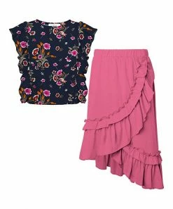 New ❤️ Trend Blossoms Navy Floral Angel-Sleeve Top & Pink Ruffle Asymmetric 👗 Skirt - 👧 Girls 🌟