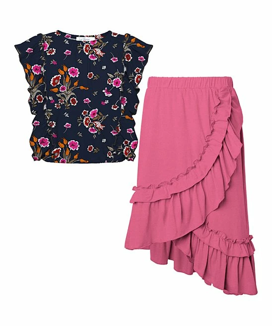 New โค๏ธ Trend Blossoms Navy Floral Angel-Sleeve Top & Pink Ruffle Asymmetric ๐ Skirt - ๐ง Girls ๐ 3 New โค๏ธ Trend Blossoms Navy Floral Angel-Sleeve Top & Pink Ruffle Asymmetric ๐ Skirt - ๐ง Girls ๐