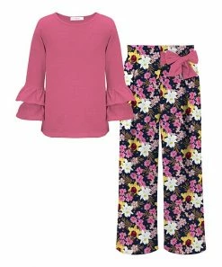 Wholesale ✔️ Trend Blossoms Hot Pink Long-Sleeve Top & Navy Floral Bow-Accent Wide-Leg Pants - 👧 Girls ⌛