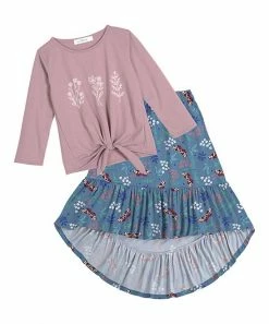 Best deal 🎁 Trend Blossoms Dusty Pink Floral Long-Sleeve Top & Dusty Blue Leaf Hi-Low 👗 Skirt - 👧 Girls 🧨