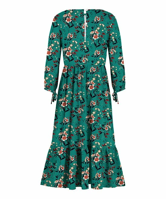 Top 10 🔔 Trend Blossoms Teal & Rust Floral Tie-Accent Puff-Sleeve Maxi 👗 Dress - 👧 Girls ⌛ 4 Top 10 🔔 Trend Blossoms Teal & Rust Floral Tie-Accent Puff-Sleeve Maxi 👗 Dress - 👧 Girls ⌛ - Image 2