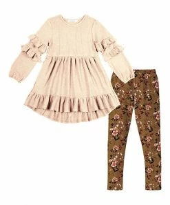 Cheap 🔔 Trend Blossoms Light Apricot Ruffle-Accent Hi-Low Tunic & Brown Floral Leggings - 👧 Girls 🎉