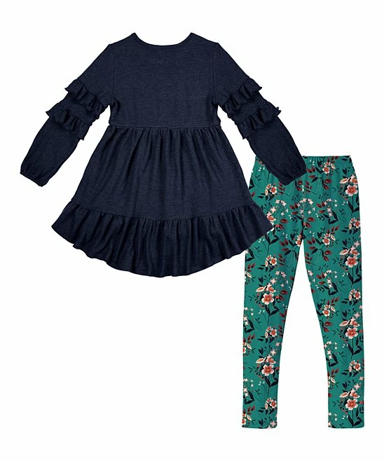 Wholesale ๐ Trend Blossoms Navy Ruffle-Accent Hi-Low Tunic & Teal Floral Leggings - ๐ง Girls โจ 4 Wholesale ๐ Trend Blossoms Navy Ruffle-Accent Hi-Low Tunic & Teal Floral Leggings - ๐ง Girls โจ - Image 2