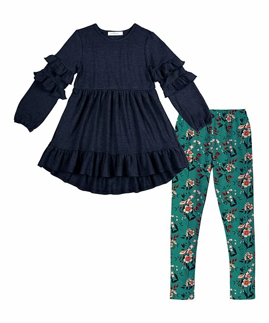 Wholesale ๐ Trend Blossoms Navy Ruffle-Accent Hi-Low Tunic & Teal Floral Leggings - ๐ง Girls โจ 3 Wholesale ๐ Trend Blossoms Navy Ruffle-Accent Hi-Low Tunic & Teal Floral Leggings - ๐ง Girls โจ