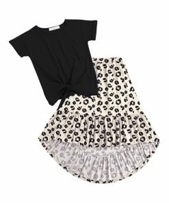 Best Sale 💯 Trend Blossoms Black Tie-Front Tee & White Leopard Hi-Low 👗 Skirt - 👧 Girls 🔥