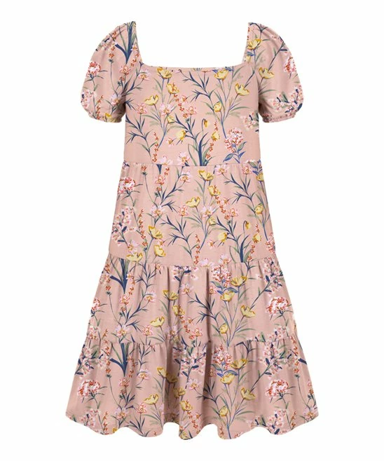 Best Pirce ✔️ Trend Blossoms Light Peach Pink Floral Tiered Puff-Sleeve Peasant 👗 Dress - 👧 Girls 🥰 5 Best Pirce ✔️ Trend Blossoms Light Peach Pink Floral Tiered Puff-Sleeve Peasant 👗 Dress - 👧 Girls 🥰 - Image 3