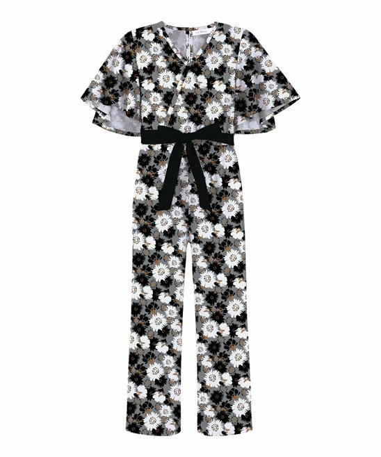 Cheap 🌟 Trend Blossoms Gray & Black Floral Tie-Sash Flutter-Sleeve Jumpsuit - 👧 Girls 🎁 3 Cheap 🌟 Trend Blossoms Gray & Black Floral Tie-Sash Flutter-Sleeve Jumpsuit - 👧 Girls 🎁
