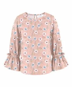 New 👍 Trend Blossoms Light Peach Pink & White Floral Poet-Sleeve Crewneck Top - 👧 Girls ✨